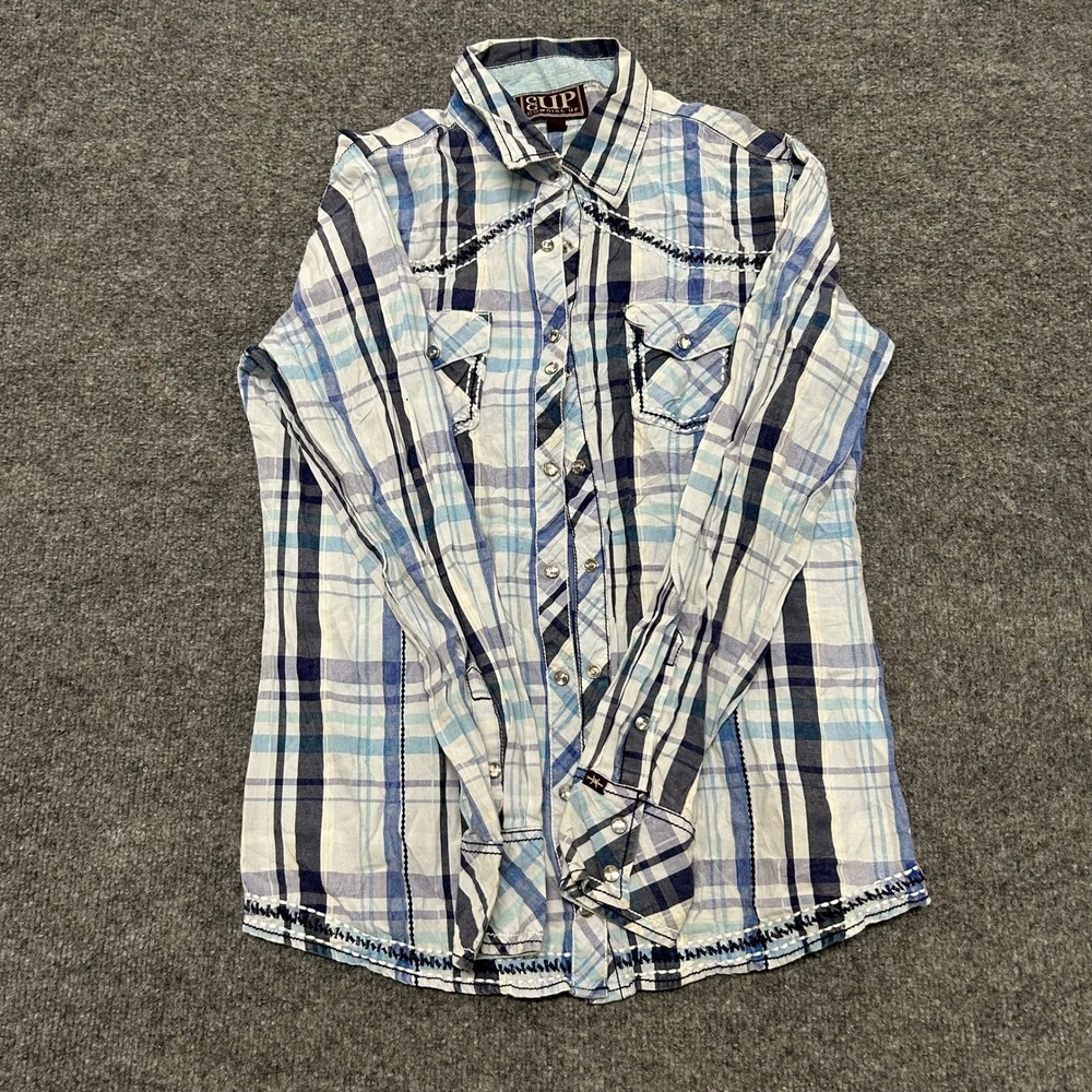 Cowgirl Up Shirt Womens Size M Blue Plaid Pearl Snap Western Long Sleeve Slim